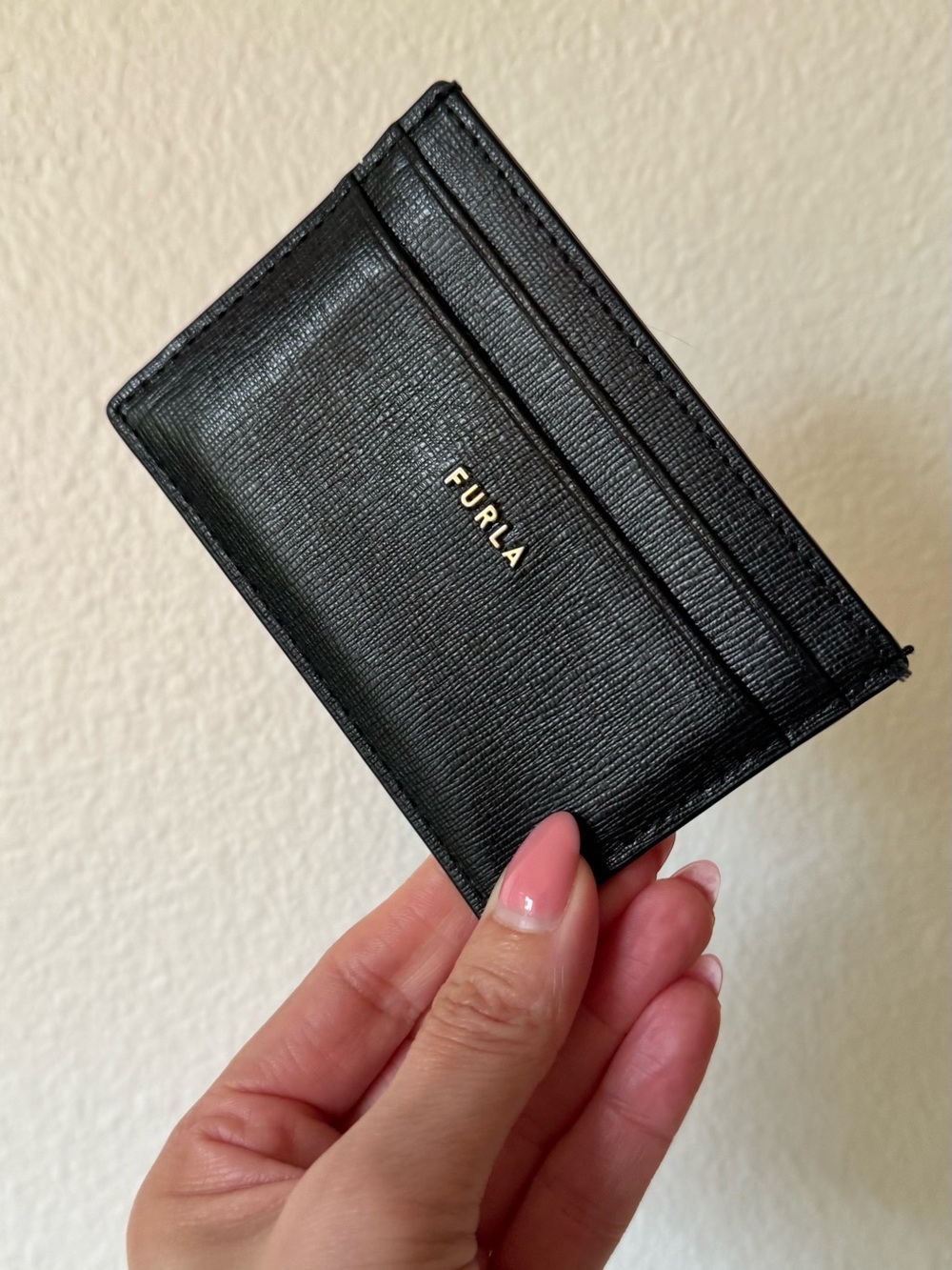 Furla Black Saffiano Leather Card Case Wallet with Gold Logo